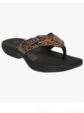 Clarks Brinkley Reef Brown Leopard Adjustable Thong Sandals W 7